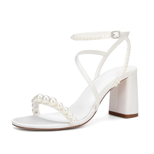 Women's Pearl Embellished Ankle Strap Sandals, Block Heel, White Satin, Wedding Party Shoes,3.3 Inches