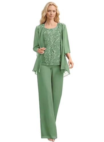 Elegant Sage Green Mother of the Bride Pant Suits – 3-Piece Dressy Ensemble with Jacket for Plus Size 22