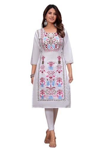JG JAI GOVINDAM Indian Hand Embroidered Kurti for Women Chikankari Straight Cotton Long Kurti's Tunic Kurta Dreses for Women (Medium)
