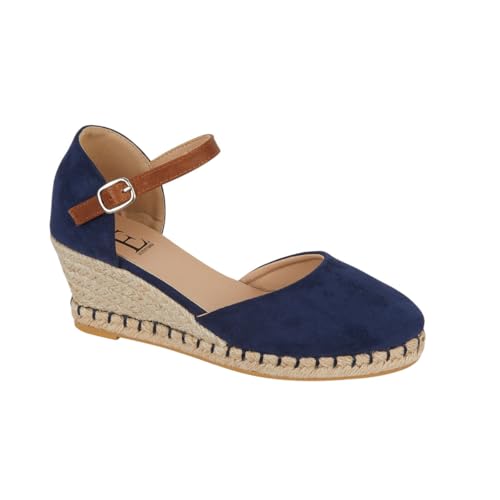 Image of ITS NICE Ladies Wedge Heel Sandals Womens Buckle Ankle Strap Espadrille Hessian Summer Fashion Sandals Shoe Size Navy UK 6
