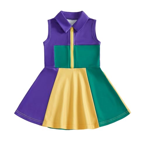 Rourufy Little Girls Mardi Gras Outfit Toddler Sleeveless A Line Sun Dress Kids Zipper Party Dresses Spring Summer Clothes (G Mardi Gras Purple 4-5 Years)