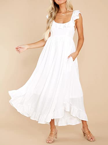 R.Vivimos Summer Dress for Women Sleeveless Boho Ruffle Square Neck Tie Back Casual Backless Flowy Midi Dress2