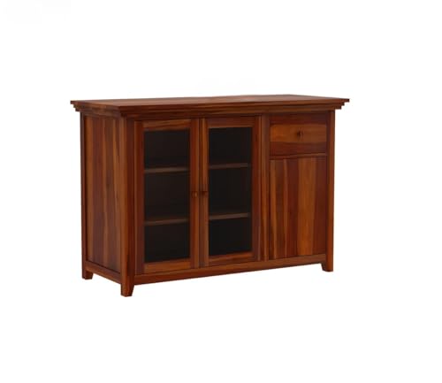 Image of Solid Sheesham Wood Sideboard Cabinet for Living Room | Crockery Cabinet with 2 Acrylic Glass Door | Kitchen Display Unit | 2 Acrylic Glass Doors, 1 Door Cabinet & 1 Drawer | Honey