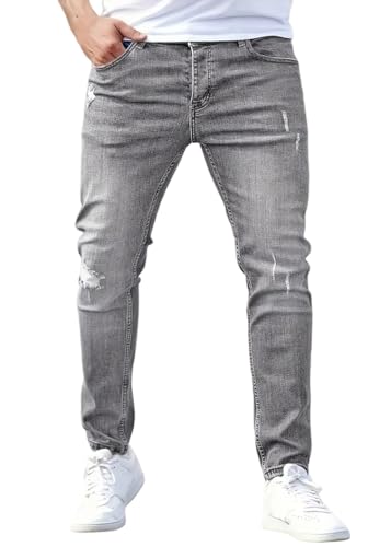 shownicer Herren Jeans Slim Fit Denim Hose Stretch Tapered Männer Jeanshose Destroyed Hosen Casual Herrenjeans Freizeithose A Grau L