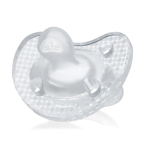Image of Chicco PhysioForma Luxe Orthodontic Pacifier, 0-6m | 100% Soft Silicone | Supports Breathing & Oral Development | Textured Shield & Handle | Includes Sterilizing Case | BPA Free | Crystal, 2pk