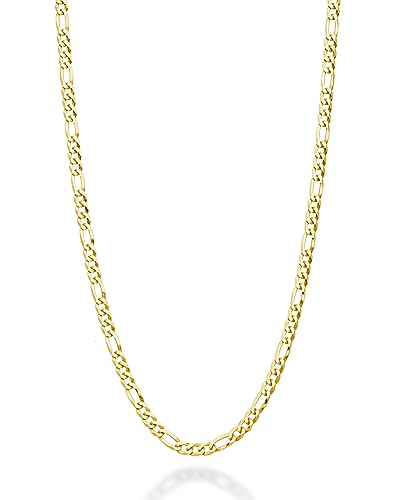 Miabella Italian 925 Sterling Silver, 18K Gold Plated 3mm Diamond-Cut Figaro Link Chain Necklace for Women Men, Made in Italy (yellow-gold-plated-silver, 18 Inches)