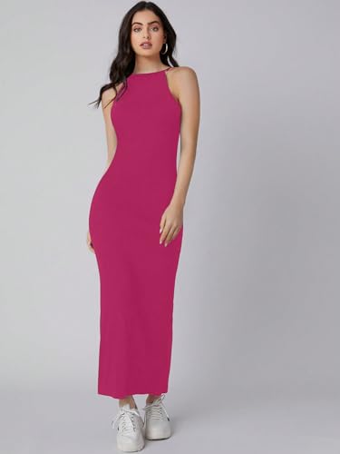Image of Aahwan Pink Solid Halter Neck Solid Bodycon Midi Dress for Women's & Girl's