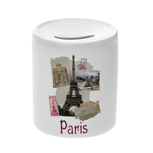 Tirelire Céramique Blanche - Paris Collage France Ville Tour Eiffel Louvre - Boîte à Monnaie avec Bouchon Décoration Chambre Imprimé en France