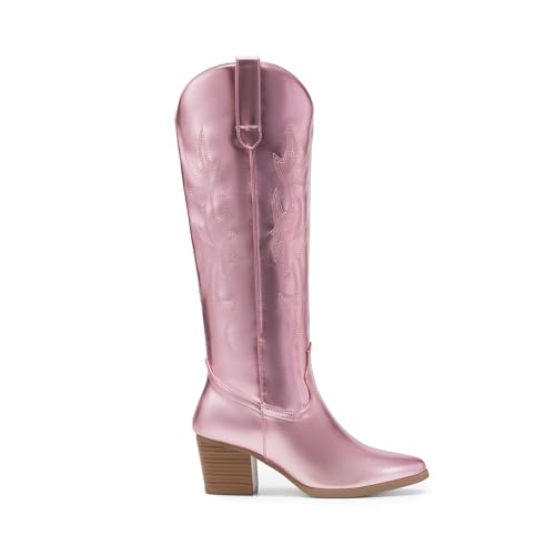 DREAM PAIRS DREAM PAIRS Cowboy Boots for Women Cowgirl Knee High Boots Comfortable Pull On Zipper Chunky Heel Pointed Toe Embroidered Western Boots,Size 6,Pink-Metal,SDKB2410W