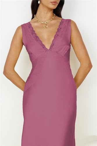 Image of BAGONE Summer Satin Lace V Neck Backless Formal Wedding Guest Maxi Dresses