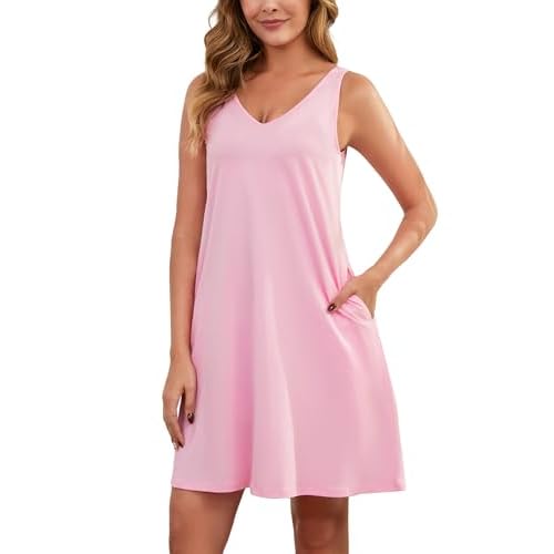 Marvmys Women's Cotton Nightgown Tank V Neck Sleep Shirts Sleeveless Sleep Dress with Pockets Pink Medium