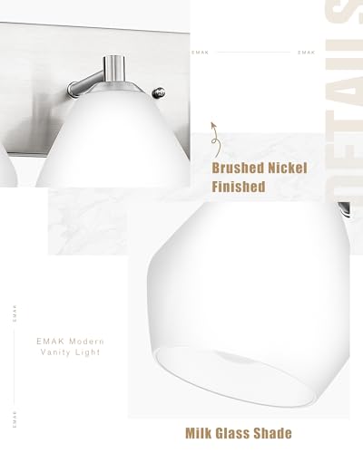 Image of Emak Brushed Nickel Bathroom Lights Over Mirror, Modern Bathroom Vanity Light with Milk Glass Shade, 3-Light Vanity Lights for Mirror, Bath, VL129-BN-ML-3