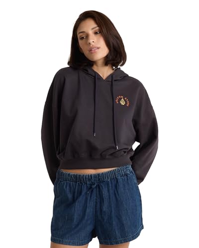 Volcom Women's Beach Bum Crop Hoodie Sweater –Pullover Sweatshirt, Black, Large