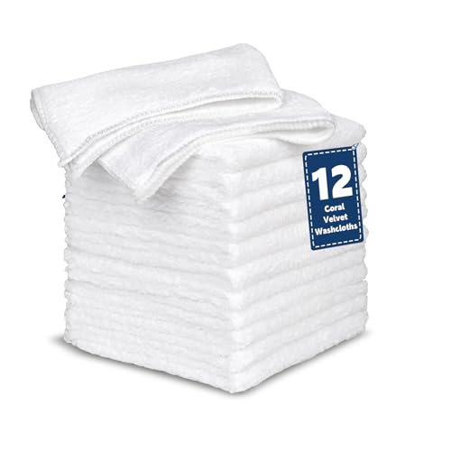 TEAWOO Coral Velvet White Washcloths 12 Pack Highly Absorbent and Soft White Face Towels Multi-Purpose Washcloths and Hand Towels for Bathroom Hotel Spa and Gym 12 x 12 inches