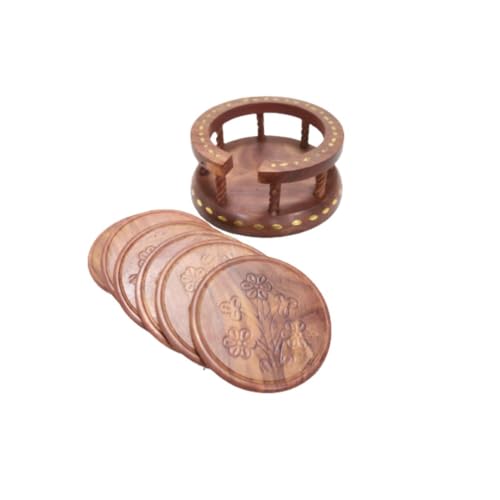 Image of Saras Aajeevika 6 Pc Set of Handmade Wooden Round Curved Coaster /Coster with Brass Kettle Shape Holder for Kitchen Decor Hot Pots, Tea Cups, Coffee Mugs, Glasses Coaster Sets (Design 5)
