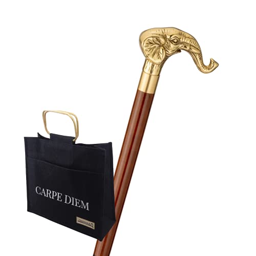 Trinkstock mit Jutetasche, Reisestock Elephant , Knaufgriff Messing, Stock Hartholz braun, Wanderstock, teilbar, Geheimfach, Damen, Herren Cover
