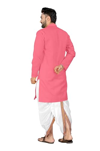 Image of UNIQUE MOMENTS Men's Cotton Dhoti Kurta Set with Full Sleeves Solid Pattern Modern Style and Mandarin Collar Neck | Perfect for Puja & Celebrations