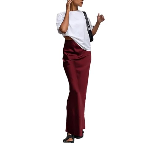 Faldas de trompeta de satén para mujer, de cintura alta, color liso, falda larga para oficina, Burdeos, XL
