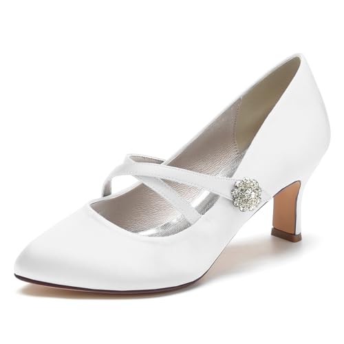 Women Closed Toe Wedding Satin Shoes Mid Toe Bridal Shoes Heel Crisscross Strap with Rhinestone Sandles