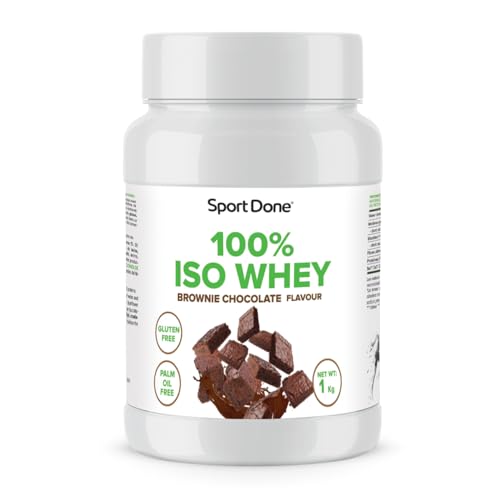 100% ISO Whey Proteína Aislada | Sabor Brownie Chocolate | 76% proteína por 100g | Sin gluten ni aceite de palma | Disolución rápida | Ideal antes del entrenamiento | Formato 1 kg