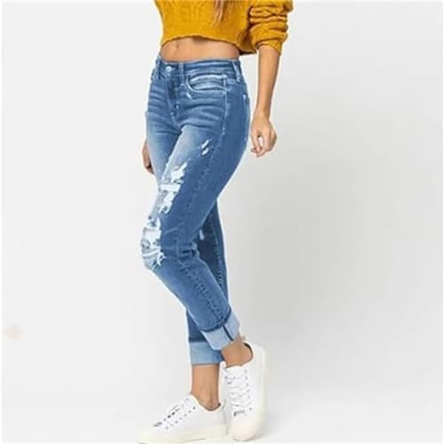 Mypeachd Jeans Tummy Control Distressed Cuffed Boyfriend Jeans Plus Size Skinny High Waist Jeans Women Ripped Jeans4
