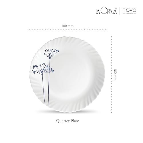 Image of La Opala Novo Collection Opal Glass Crockery | Quarter Plate Set of 6 | Aqua Spray Design | Plates for Snacking & Gifting | Microwave Safe | 100% Vegetarian | Extra Strong | Super Light & White