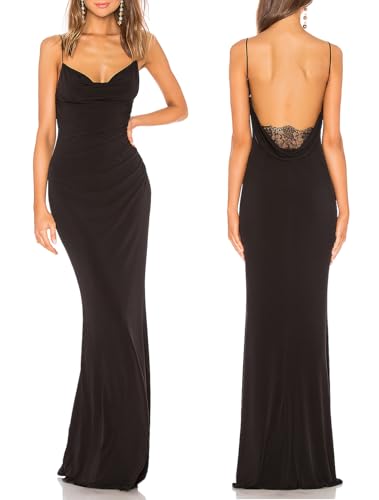 Aigeman Women Spaghetti Straps Mermaid Evening Gown Wedding Guest Dress Drape Neck Lace Backless Formal Maxi Dress 21