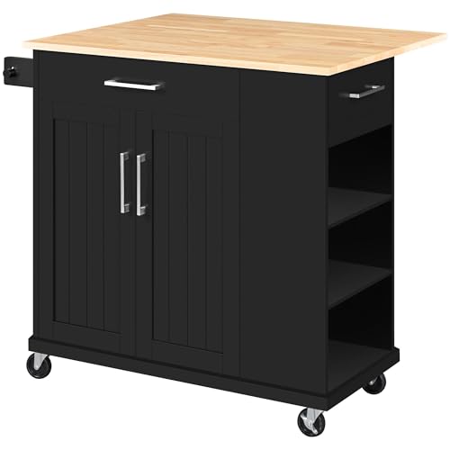 Image of Yaheetech Rolling Kitchen Island Cart with Drop Leaf, Portable Rubberwood Breakfast Bar with Storage Cabinet, Open Shelves & Detachable Towel, 2 Drawers, Black