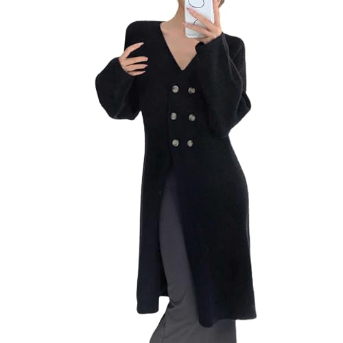 Manteau en laine à double boutonnage et long pull tricoté d'hiver pour femme