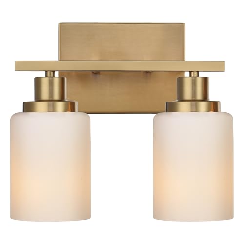 Image of MELUCEE Bathroom Light Fixtures Brushed Brass, 2-Light Bathroom Vanity Light with Milky White Glass Shades E26 Sockets, Bathroom Lights Over Mirror Wall Lights for Bedroom Hallway Living Room