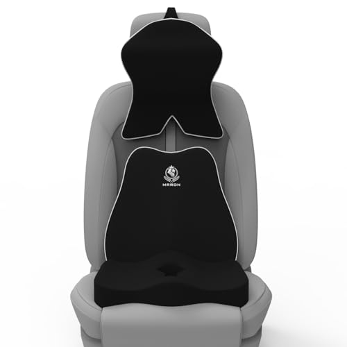 Image of MRRON Memory Foam Posture Corrector Car Seat Cushions Combo | Orthopedic Backrest, Coccyx Cushion & Neckrest | Ergonomic Lumbar Comfort Seat Cushion | Reduces Sciatica (Black, Slim backrest)