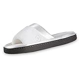 Isotoner Women's Microterry Slide Slipper with Satin Trim, White, 8.5/9
