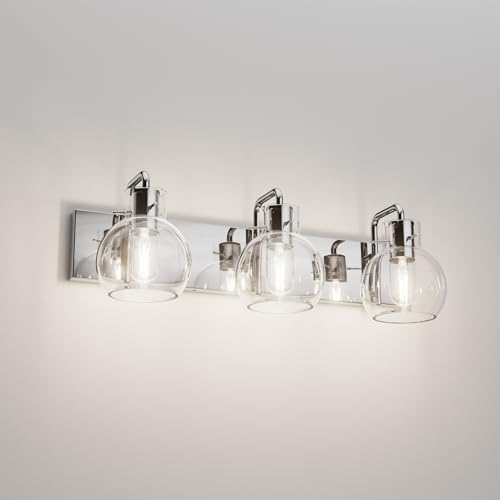 Image of Tipace Modern Bathroom Vanity Lighting Fixtures 3-Lights Industrial Stainless Steel Chrome Finish with Globe Clear Glass Vanity Lights Farmhouse Bath Lighting(Exclude Bulb)