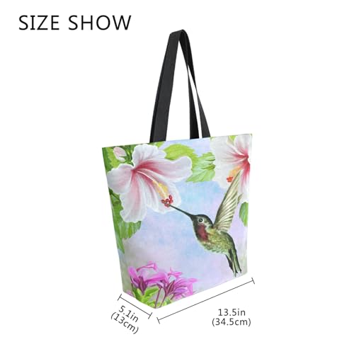 Image of Bird Canvas Tote Grocery Bag Shoulder Casual Book Bag Large for Women Teachers, Hummingbird Floral Cotton Bag Shopping Purse Handbag Reusable Multipurpose Use
