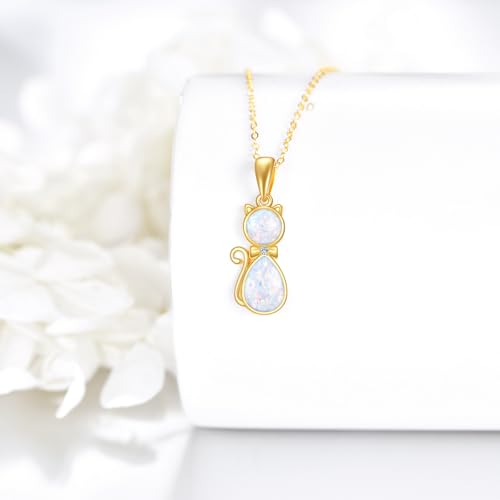 DOVRAN 14K Solid Gold Cat Necklace for Women 14K Gold Opal/Lapis Lazuli/Black Onyx Necklace Cat Pendant Jewelry Gift for Women2