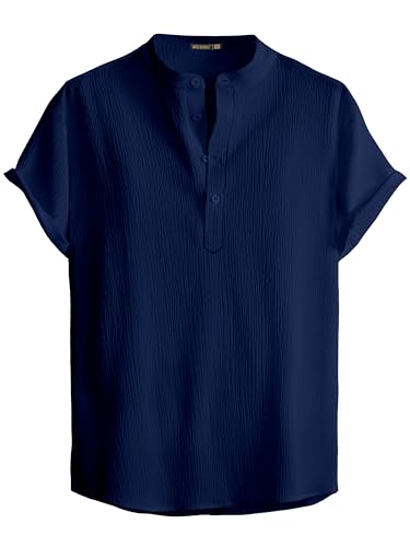 Image of Men Shirt | Black Solid Textured Casual | Regular Fit | Short Sleeve | Mandarin /Chinese Collar | Cotton Fabric | Stylish Office Summer Wear Shirt for Men