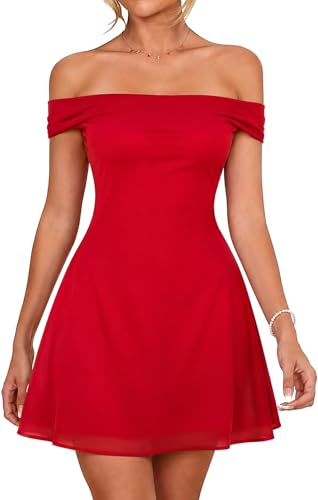 XXTAXN Women's Sexy Bodycon Mesh Off The Shoulder Short Sleeve Slim Fit Party Night Mini Dress Red