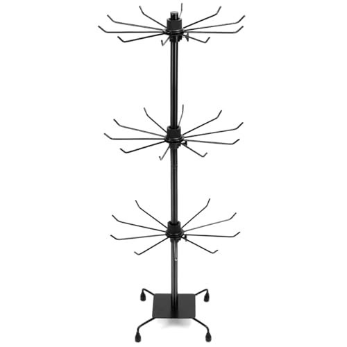 QWORK Rotating Jewelry Display Stand with Hooks - Black 3 Tiers Metal Adjustable Height Holders for Necklace, Earrings, Key Rings