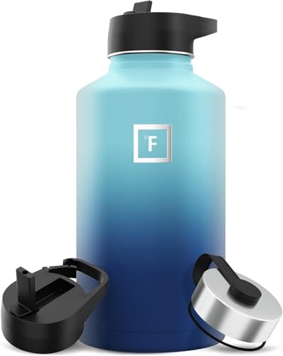 IRON Â°FLASK Camping & Hiking Hydration Flask with Straw, Wide Mouth Insulated Stainless Steel Sports Water Bottle - 64 oz Blue Waves