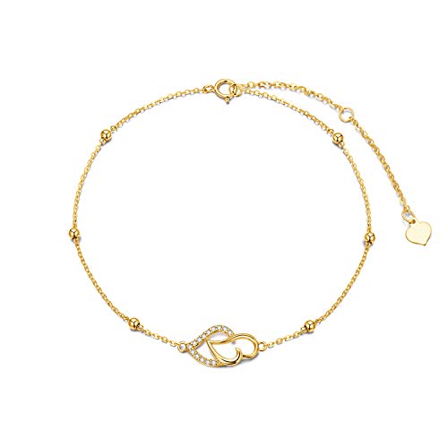 14K Gold Heart Anklet For Women Girls, Real Gold Layered Ankle Bracelet With Cubic Zirconia Foot Jewelry For Her, 8''-10''(Style 1- Single Layer Anklet) #TOP4