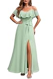 Sage Green Dress Bridesmaid Wedding Guest Prom Formal Mint Off the Shoulder Chiffon Split A-Line Long Dresses Women