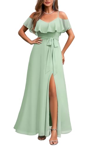 Sage Green Dress Bridesmaid Wedding Guest Prom Formal Mint Off the Shoulder Chiffon Split A-Line Long Dresses Women
