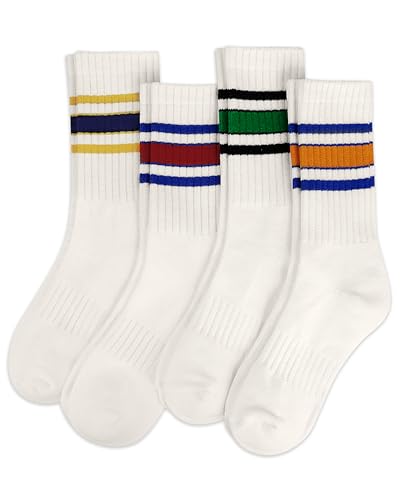 Sorfneo Striped Crew Socks for Women Cotton Retro Novelty Tube Socks Athletic Casual Fun Sock 4 Pairs Size 5-10