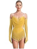 Hedmy Vestido de Flecos con Guantes de Malla para Mujer Body de Patinaje Artístico con Pedrería Brillante sin Espalada Maillot de Baile Latino Salsa Tango Rumba S-XXL Amarillo S
