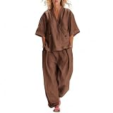 Leinenanzug Damen Sommer Leinen Bluse und Lange Weite Hose, Leinen Set Hausanzug Kuschelig 2 Teiler Einfarbig Sport Outfit Lounge Set Hosenanzug Elegant 2 Teilig Große Größen Leinenanzug mit Taschen