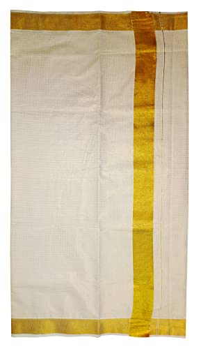 Image of Women's Kerala Traditional Cotton Kasavu Saree with Running Blouse | Sari for Weddings, Festivals, Temple Visits, Onam Vishu & Regular Wear