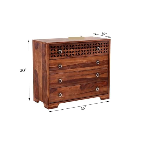 Image of Amazon Brand - Solimo Solid Sheesham Wood Kundal Sideboard Cabinet with 4 Spacious Drawers - Multipurpose Handcrafted Wooden Chest of Drawers for Living Room, Bedroom, Hallway Storage (Honey Finish)