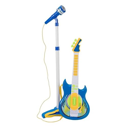 Chitarra Elettrica e Microfono con Asta Giocattolo Bambini Chitarra Rock Microfono Karaoke con Collegamento MP3 Smartphone Asta Regolabile Altoparlante Basi Musicali Chitarra Rock Elettronica