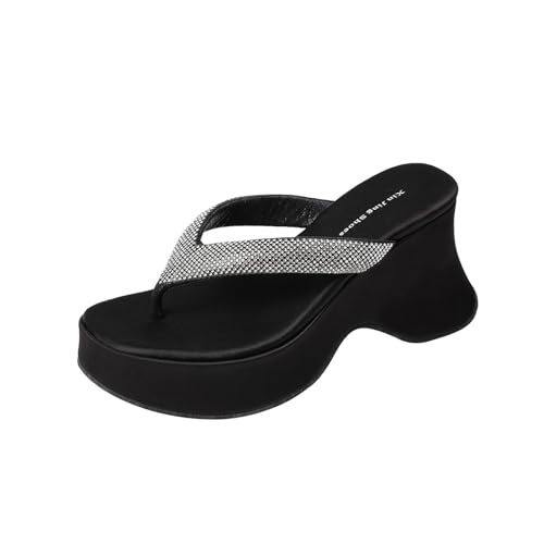 UZUJBAA Women's Leather Rhinestones Platfrom Wedge Slingback Flip-Flops Sexy Round