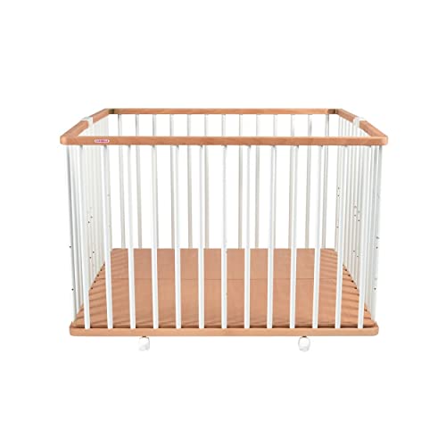 Parc Pliant Carré Gaby avec Plancher Réglable et Roulettes, Bicolore Blanc et Naturel